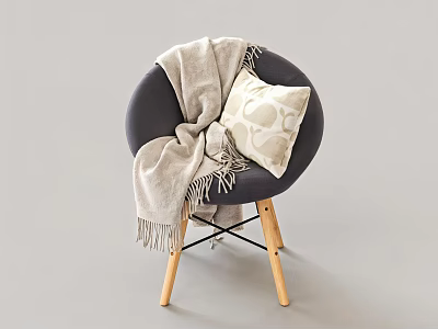 Modern Comfortable Lounge Chair with Gray Blanket Beige Patterned Cushion and Wooden Legs 3d model