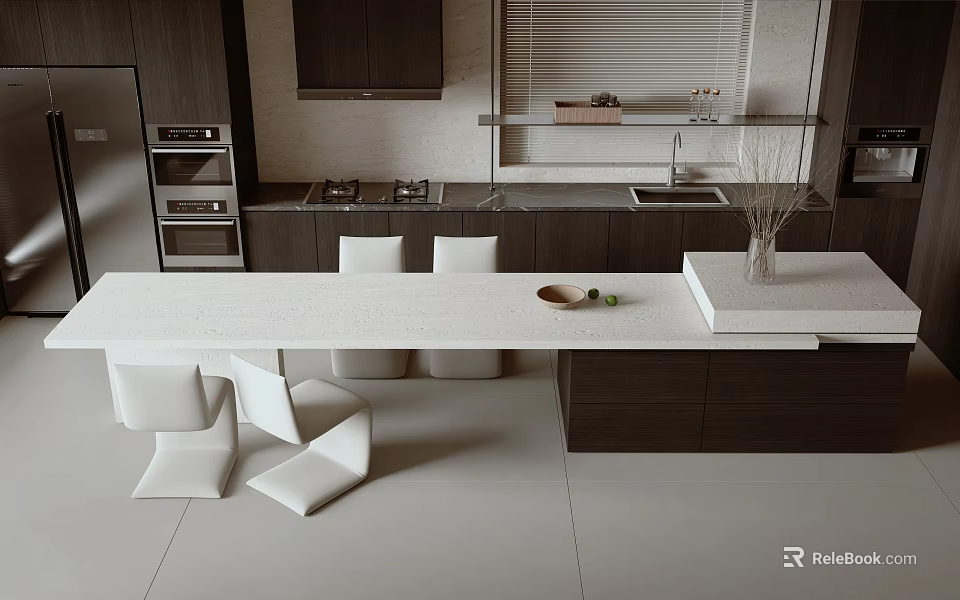 Modern Kitchen Interior With Island Counter Cabinets And White Chairs 3d model 
