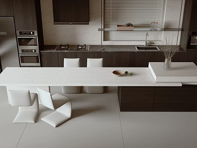 Modern Kitchen Interior With Island Counter Cabinets And White Chairs 3d model