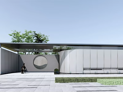 Modern Garden Landscape With Circular Opening Gray Walls Pergola Stone Paving And Green Plants 3d model