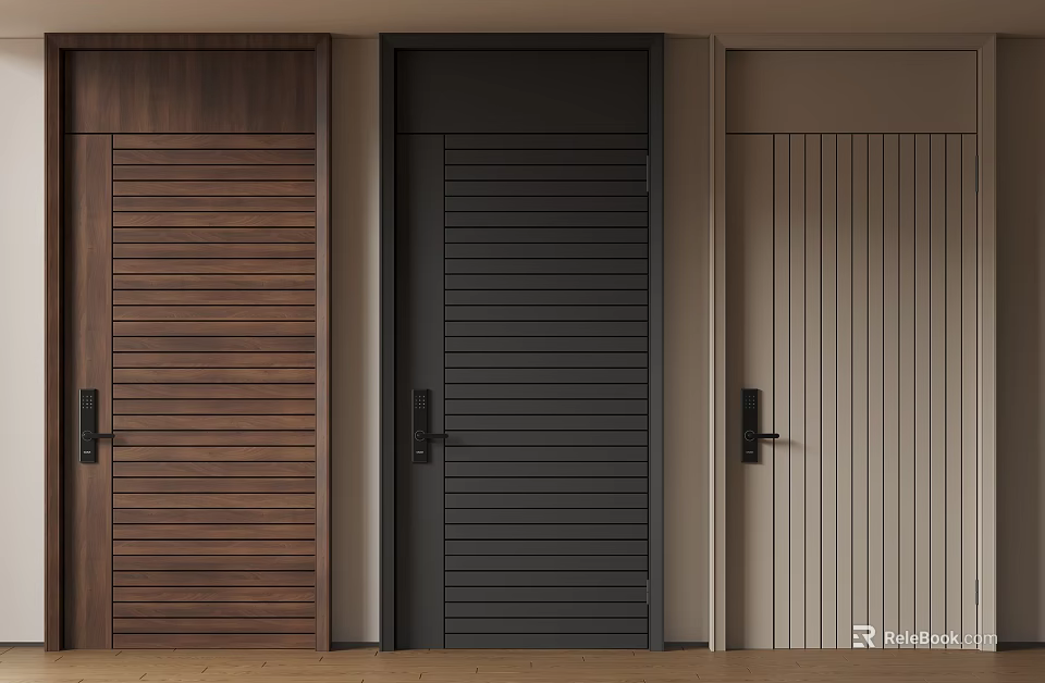 Modern Security Doors With Vertical Slat Designs In Brown Black And Beige Colors 3d model 