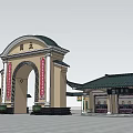 National Chinese Traditional Entrance Gate With Archway Red Couplets And Green Roofs