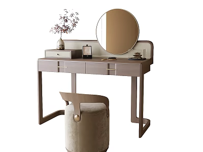 Elegant Modern Dressing Table with Round Mirror Stool and Decorative Accessories 3d model