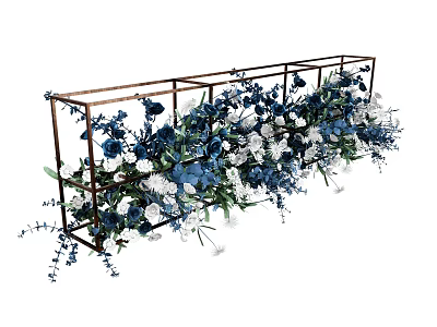 Blue And White Floral Arrangement In Metal Frame Vase For Elegant Home Decor 3d model