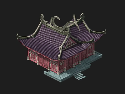 Cartoon Scene of Traditional Chinese Architecture with Purple Curved Roof Red Walls and Gray Steps 3d model