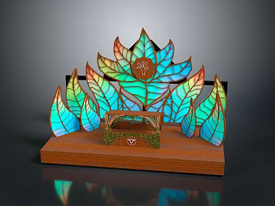 Colorful Stained Glass Leaf Decorative Art Sculpture With Wooden Base And Carved Frame 3d model