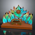 Colorful Stained Glass Leaf Decorative Art Sculpture With Wooden Base And Carved Frame