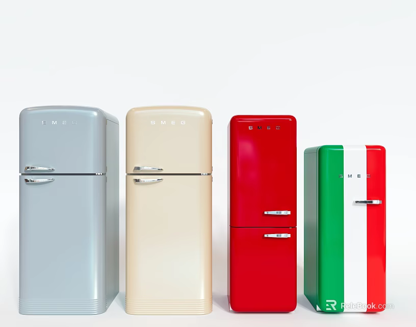 Vintage Retro Style Refrigerators in Gray Beige Red and Green Colors 3d model 
