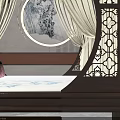 Chinese Style Wooden Double Bed With Carved Frame Canopy And Pillows In Bright Room