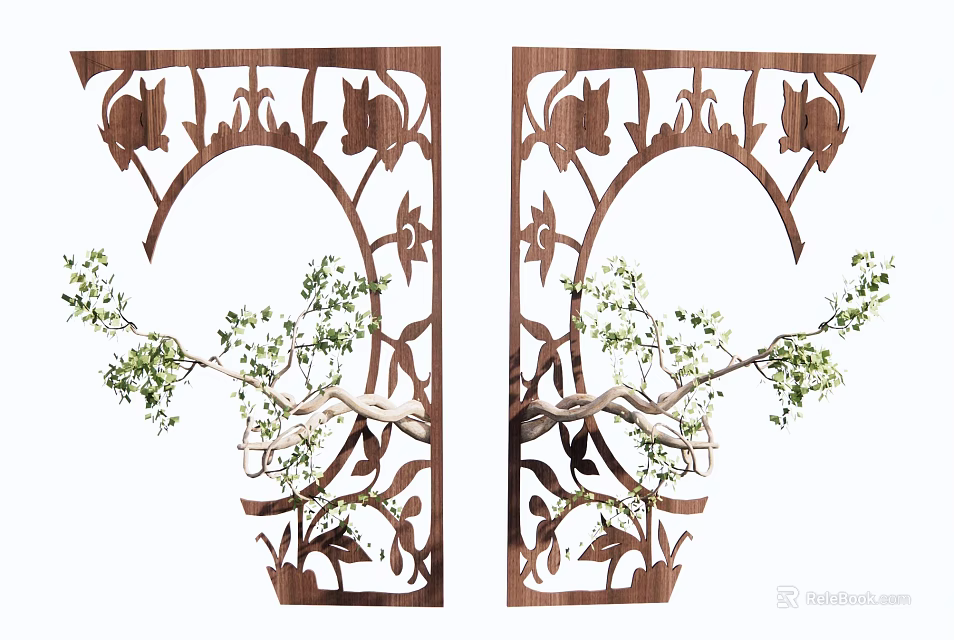 Wooden Wall Decor With Intricate Carved Patterns And Green Branches For Home Decoration 3d model 