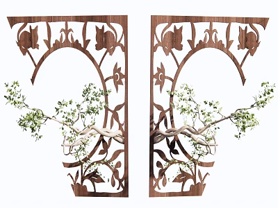 Wooden Wall Decor With Intricate Carved Patterns And Green Branches For Home Decoration 3d model