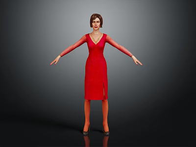 Female Character In Red Dress With Arms Outstretched On Gray Black Gradient Background 3d model