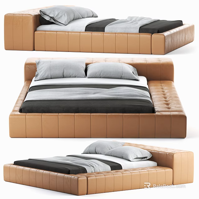 Brown Leather Tufted Double Bed With Gray White Bedding And Pillows 3d model 