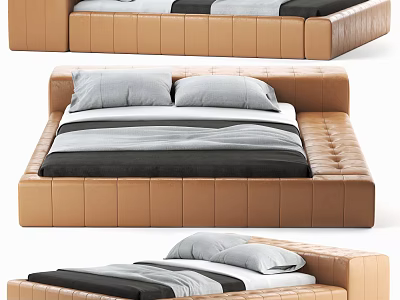 Brown Leather Tufted Double Bed With Gray White Bedding And Pillows 3d model