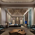 Traditional Chinese Hotel Guest Room Interior With Ornate Wooden Ceiling Bookshelves Sofas And Coffee Table