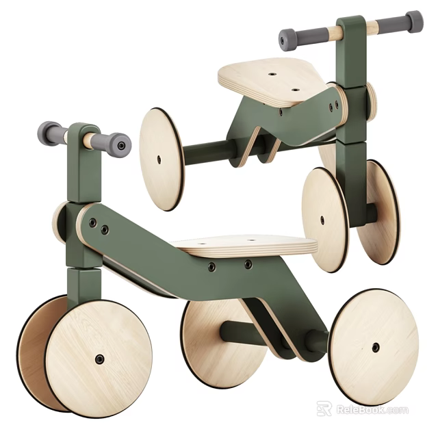 Wooden Children's Bed Modern Stylish Design With Green Frame Natural Wood Wheels And Sturdy Steps 3d model 