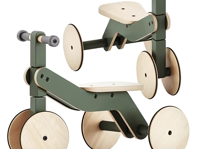Wooden Children's Bed Modern Stylish Design With Green Frame Natural Wood Wheels And Sturdy Steps 3d model