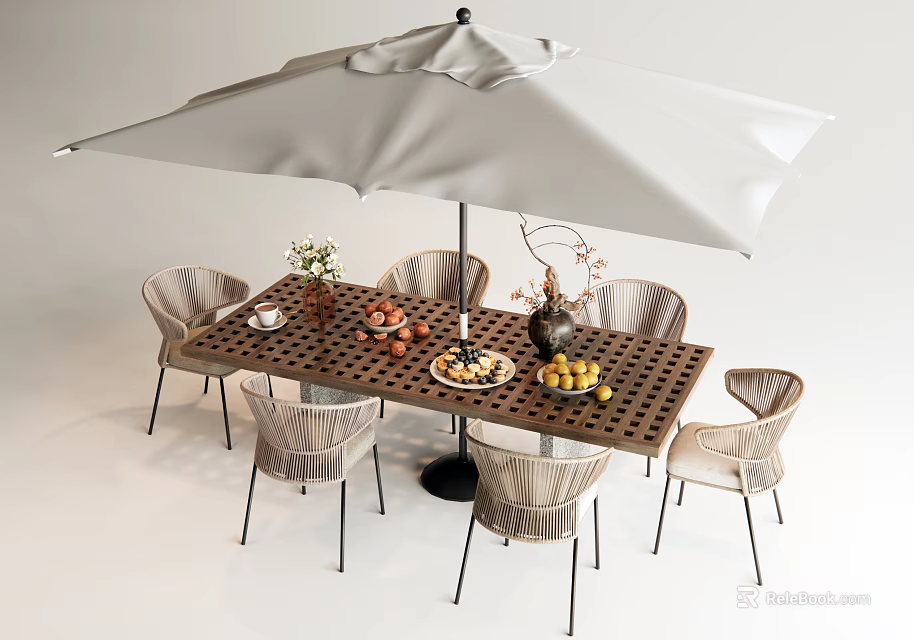 Outdoor Perforated Wooden Table with Large White Umbrella Wicker Chairs and Tableware 3d model 