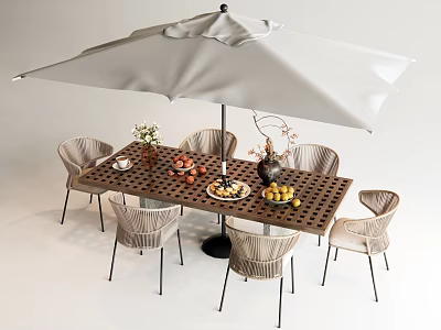 Outdoor Perforated Wooden Table with Large White Umbrella Wicker Chairs and Tableware 3d model