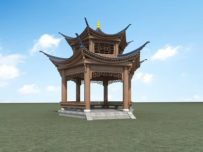 Traditional Chinese Pavilion With Wooden Structure Yellow Top Decoration On Stone Base In Green Grass 3d model