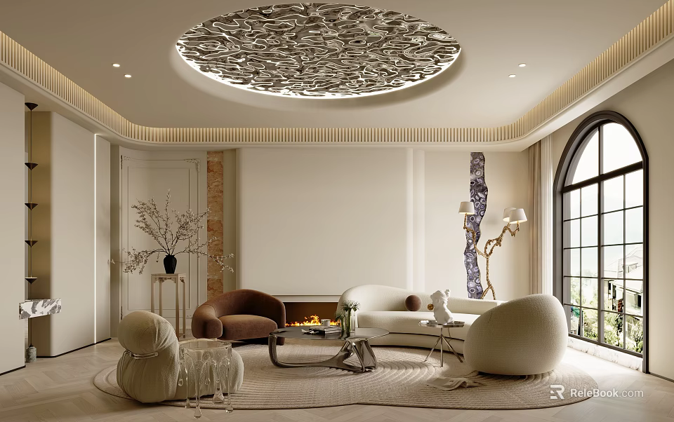 Elegant Modern Living Room Interior With Carved Circular Ceiling White Sofa And Large Arched Window 3d model 