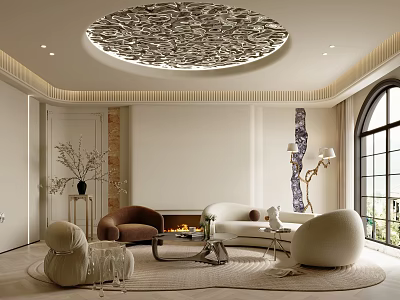 Elegant Modern Living Room Interior With Carved Circular Ceiling White Sofa And Large Arched Window 3d model