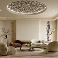 Elegant Modern Living Room Interior With Carved Circular Ceiling White Sofa And Large Arched Window