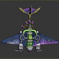 Futuristic Cosmic Spacecraft With Glowing Green Engine Blue Purple Wings And Biomechanical Design