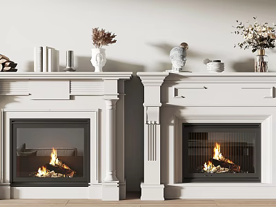 White Fireplaces With Decorative Mantel Vases Books Sculptures And Burning Flames 3d model