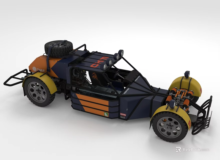 Modified Off Road Car Featuring Orange Blue Body Spare Tire And Open Design 3d model 