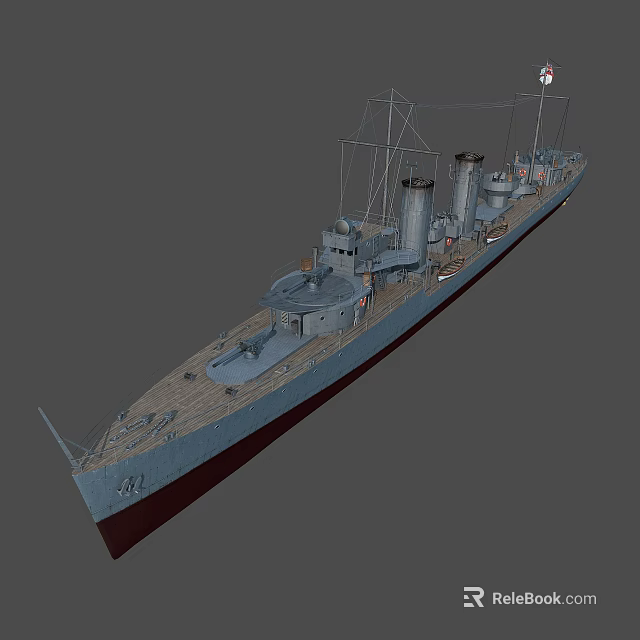 Vintage Warship 3D Model with Gray Hull Wooden Deck Twin Funnels and Naval Masts Details 3d model 