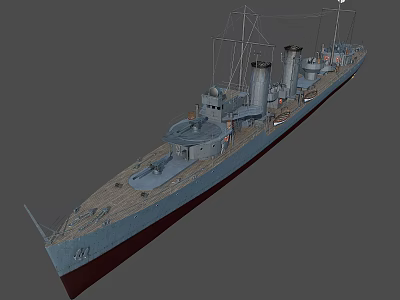 Vintage Warship 3D Model with Gray Hull Wooden Deck Twin Funnels and Naval Masts Details 3d model
