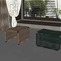 Stylish Window Blinds with Woven Stools Curtains and Green Plant in Room