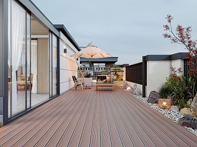 Modern Home Balcony With Wooden Deck Glass Doors Outdoor Furniture And Green Plants 3d model