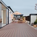 Modern Home Balcony With Wooden Deck Glass Doors Outdoor Furniture And Green Plants
