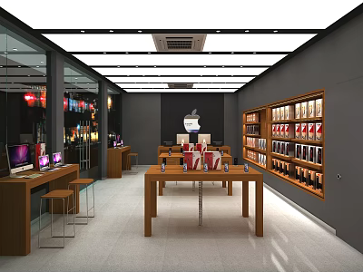 Digital Store Interior With Apple Products Display Tables And Electronic Gadgets Shelves 3d model
