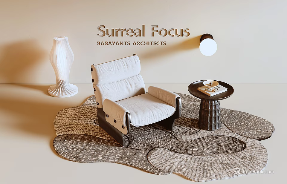 White Leisure Chair With Round Side Table On Woven Rug And White Vase Wall Lamp 3d model 