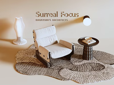 White Leisure Chair With Round Side Table On Woven Rug And White Vase Wall Lamp 3d model