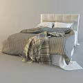 Double Bed with White Padded Headboard Striped Duvet Plaid Blanket and Pillows