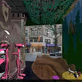 Pink Panther Themed Shopping Mall Store With Castle Shaped Decor Green Walls And Product Shelves