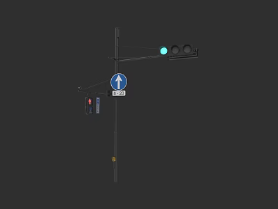 Car Moving Under Green Traffic Light With Straight Arrow Road Sign 3d model