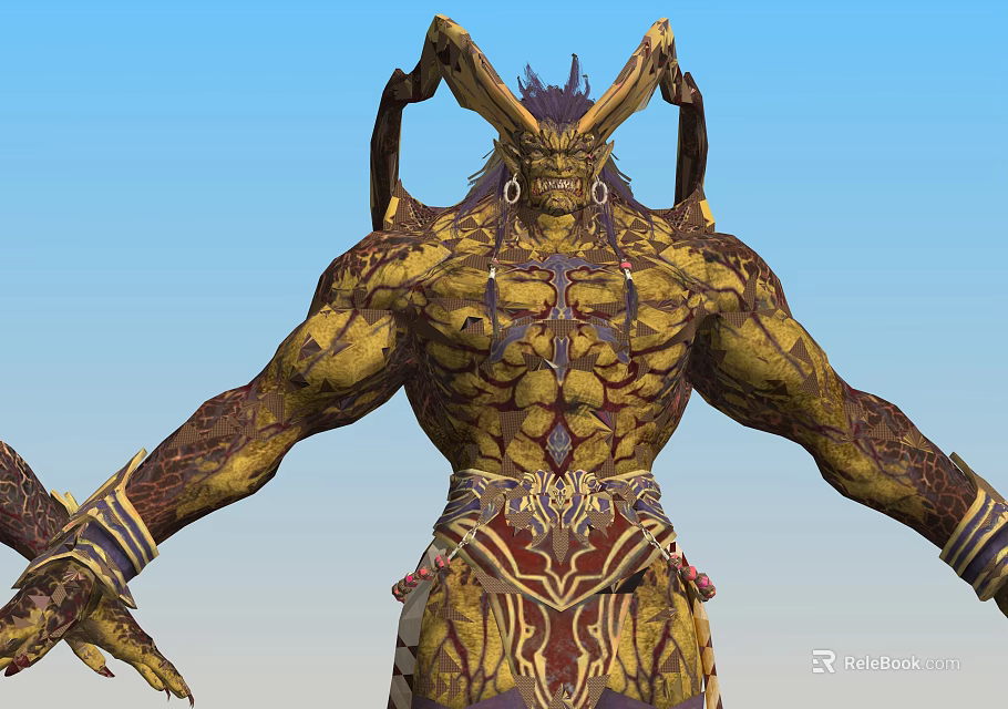 Mythical Fantasy Game Character With Horned Head Muscular Build Golden Skin And Intricate Armor 3d model 