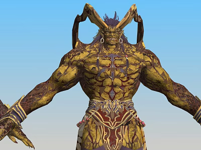 Mythical Fantasy Game Character With Horned Head Muscular Build Golden Skin And Intricate Armor 3d model