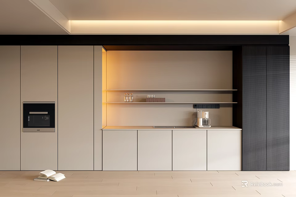 Modern Kitchen Sideboard With White Cabinets Open Shelves Warm Lighting And Coffee Machine 3d model 