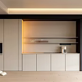 Modern Kitchen Sideboard With White Cabinets Open Shelves Warm Lighting And Coffee Machine