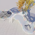 Modern Garden Landscape With Curved Geometric Perforated Structures And Yellow Leaf Tree 3d model