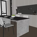 Modern Restaurant Interior With Grey Cabinetry Black Countertop Island Dining Table Chairs And Natural Light