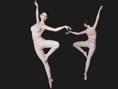 Woman Dancing in White Outfit with Stretched Arms and Lifted Leg on Black Background 3d model