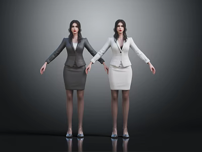 Two Women Wearing Professional Attire Gray And White Formal Suits Standing Against Dark Background 3d model