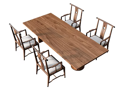 Traditional Chinese Style Wooden Tea Table with Four Cushioned Chairs and Rectangular Wood Grain Top 3d model